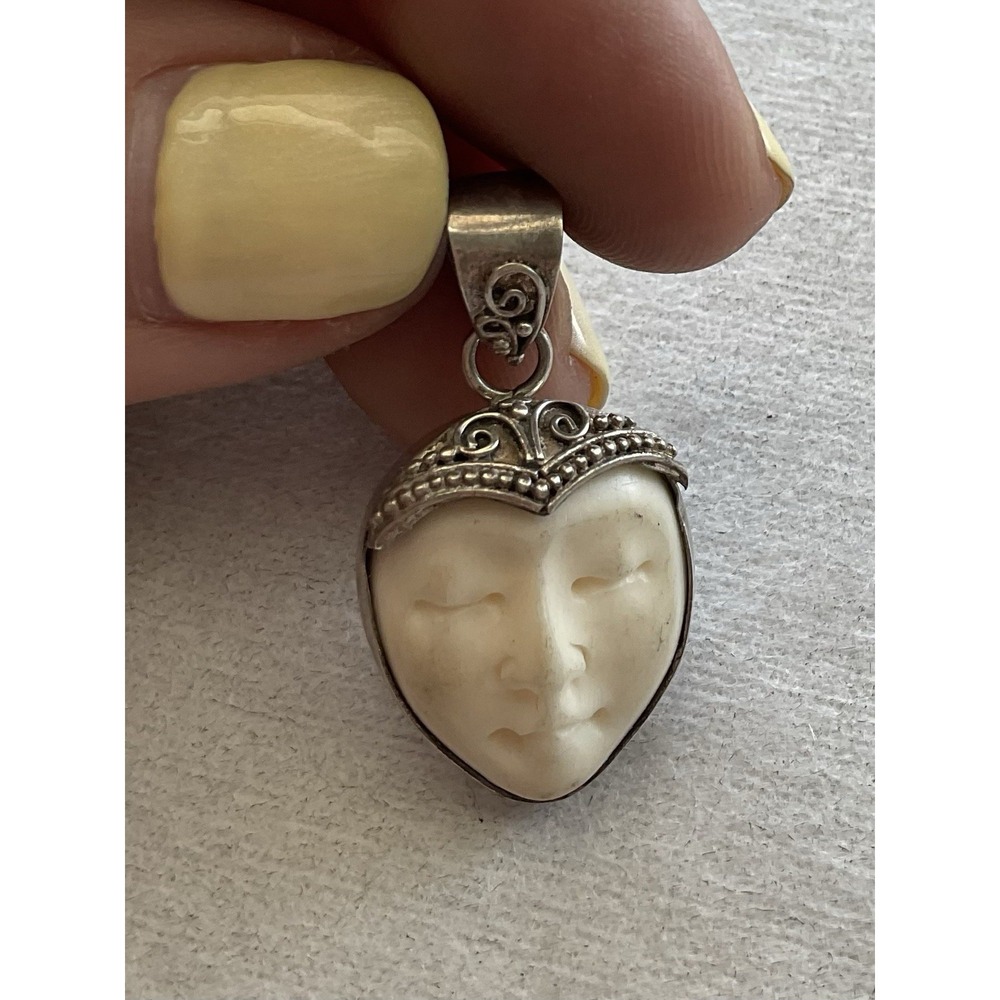 Vintage 925 Sterling Silver Carved Face Gemstone Pendant Estate Jewelry